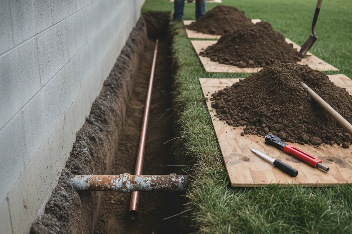 Excavated water line trench during Sewer Line Repair in Allen
